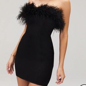 satin black mini dress with a feathered fringe